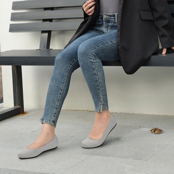 Women's Knit Ballet Gray Flats Round Toe Comfortable Dressy Casual Work Shoes - Picture 2 of 5
